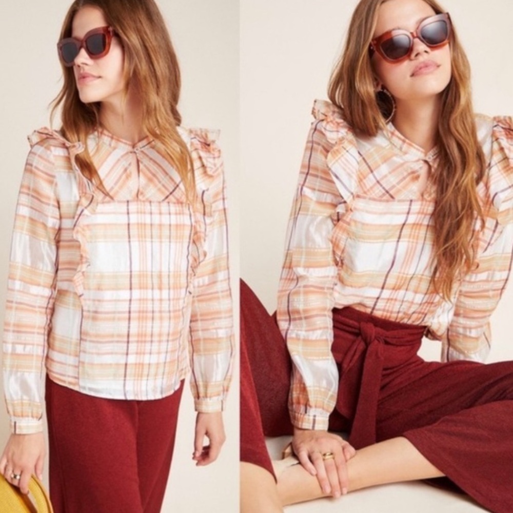 Current Air for Anthropologie | Women’s cream/salmon plaid Polly Ruffle Blouse M